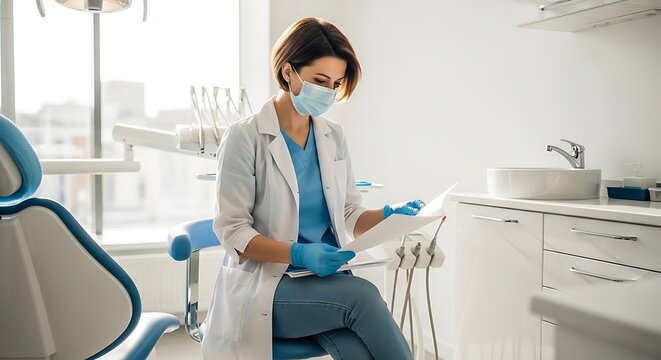 Female Dentist in Mask Reviewing Patient Records in Modern Clinic Setting with Dental Equipment and Natural Light for Healthcare Promotion