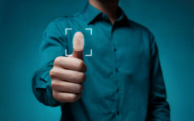 Thumb with glowing fingerprint scan for biometric security and digital authentication, symbolizing modern data protection and access.