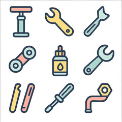 Colorful linear bicycle repair tools on gradient background