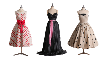 3 vintage rockabilly dresses on mannequins isolated on a white background The first dress is a vintage polka dot dress with a red bow and pearls The second d