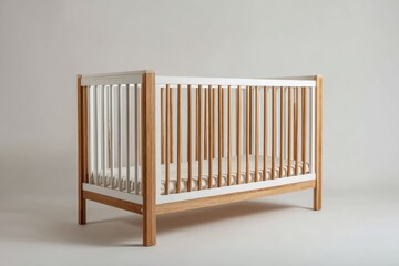 A modern crib, light wood and white, stands on a plain background