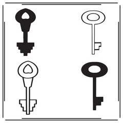 Black and White Key Icon Set – Heart-Shaped and Classic Key Designs, Symbols of Access, Unlocking, and Security