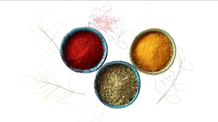 Colorful spices in ceramic bowls on a white background top view Spices for cooking or tea blended with leaves A composition of natural ingredients for food.j
