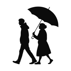 Silhouetted Strides Under a shared Umbrella: A tender moment captured in monochrome, a senior individual offering shelter to a younger person as they walk side by side.