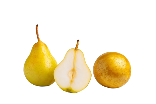 Fruit a yellow pear with two whole and one sliced pears on a white background An Asian king golden apple isolated on a transparent background a cutout of a r