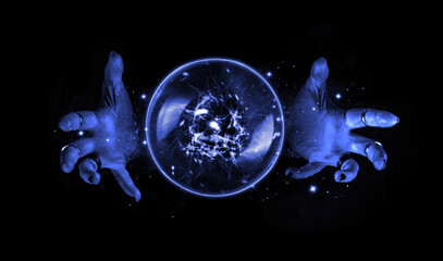 Fortune teller hands casting a spell over a crystal ball for divination, foresight, Halloween...