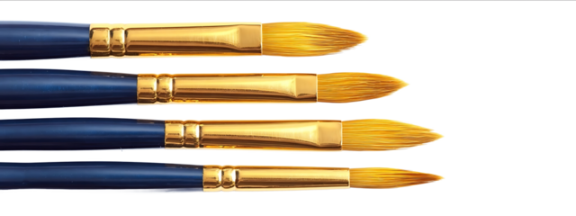 Set of five dark blue art brushes with golden bristles on a white background top view Highresolution photograph