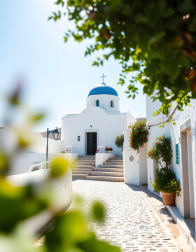 Fototapeta A picturesque Cycladic church with a blue dome sits on a whitewashed hill, under the Greek sun. Cobbled streets beckon visitors to discover the island's beauty, blurry foreground. isolated with whit
