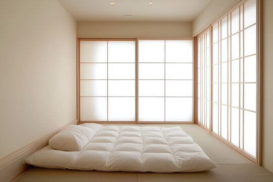 A minimalist Japanese bedroom with a tatami mat and futon.