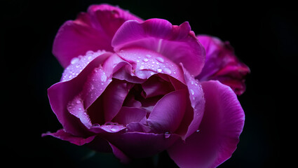 Closeup of a vibrant purple rose with delicate water droplets on its velvety petals, set against a dark background for a romantic feel