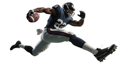 Obraz premium A dynamic American football player in mid-stride, running and carrying the ball.