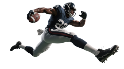 A dynamic American football player in mid-stride, running and carrying the ball.