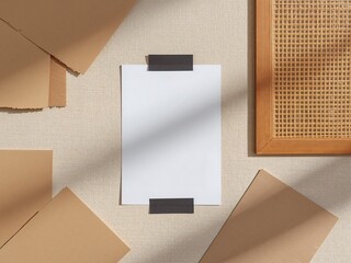 Flat lay mockup of a blank white paper taped to a canvas background, with kraft paper, a rattan frame, and soft shadows.