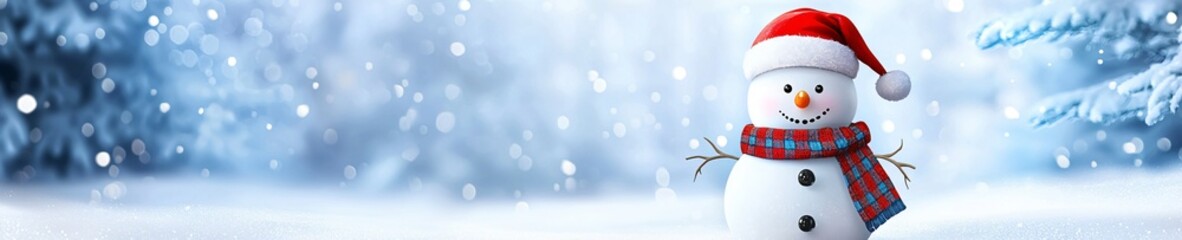 Fototapeta premium Snowman with colorful scarf and Santa style hat surrounded by sparkling snowy landscape and frosted trees shining in sunlight.