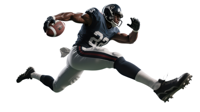 A dynamic American football player in mid-stride, running and carrying the ball.