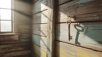 Old key hanging on a weathered wooden wall in a sunlit room