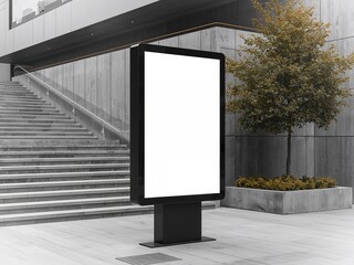 A blank vertical lightbox or digital sign mockup on a city sidewalk next to a modern building with stairs and a tree.