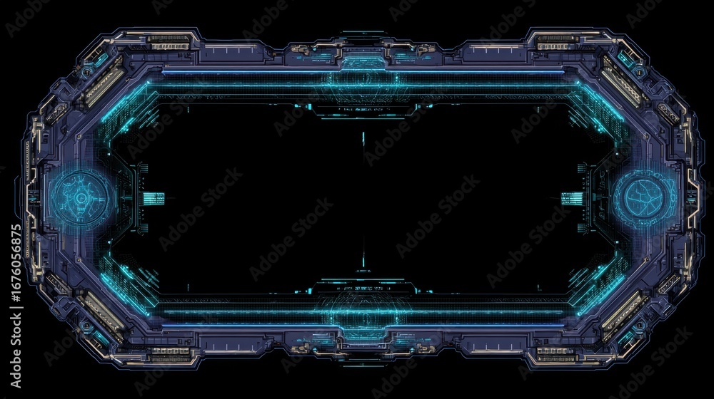 Poster futuristic sci-fi interface: empty holographic borders for gaming menus and spaceship displays
