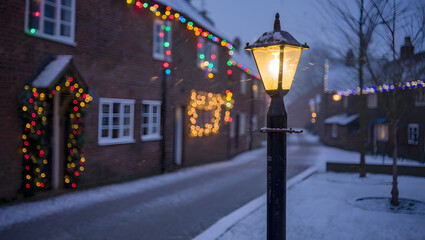 Christmas lights decorate a snowy street at night, a festive and traditional scene in a rural village during the winter holiday season