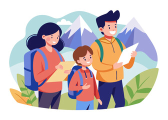 Family hiking in the mountains, looking at map