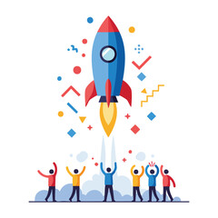 A group of diverse people cheering as a rocket launches into the sky, symbolizing success and new beginnings.