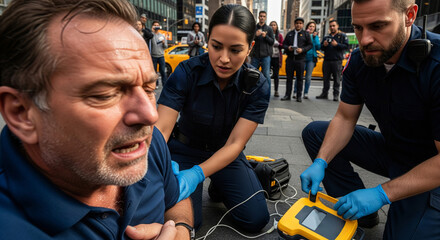 Close-up of a man experiencing chest pain, heart attack, myocardial infarction or cardiac arrest. Medical staff providing him with emergency first aid