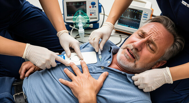 Close-up of a man experiencing chest pain, heart attack, myocardial infarction or cardiac arrest. Medical staff providing him with emergency first aid