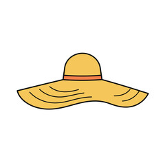 A detailed illustration of a yellow sun hat with a wide brim and orange ribbon.