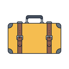 Vintage yellow suitcase with brown leather straps and buckles.