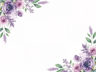 Watercolor illustration of purple and pink flowers with green leaves in the corners. A floral border for a wedding invitation.