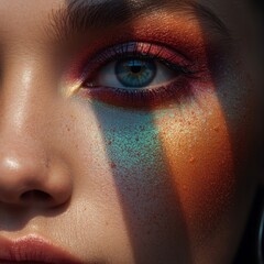 The image shows a close-up of a person's eye and cheek, with vibrant, colorful makeup and sparkles applied in a gradient pattern. 