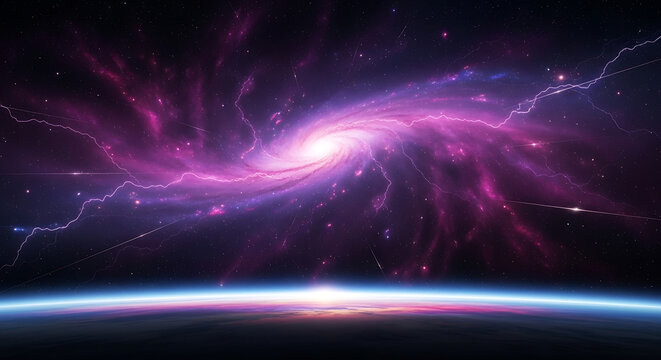 Cosmic Wonders A Galaxy of Purple Energy Over the Horizon