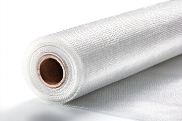 Rolled white fabric material on a light-colored surface.  A section of the fabric is unrolled, showing a woven or netted texture. A cardboard core is visible