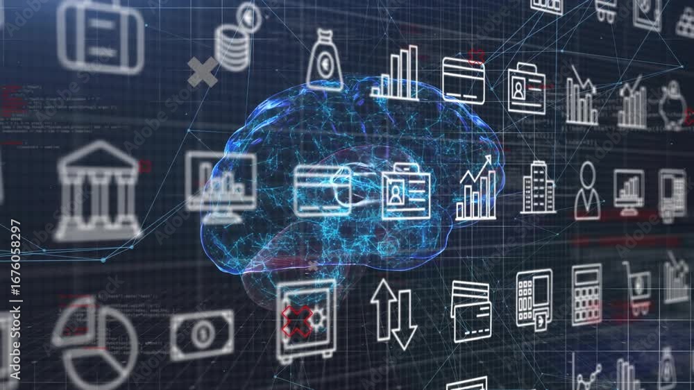 Aufkleber emerging holographic brain pulsing and rotating while financial icons orbit, showing business data
