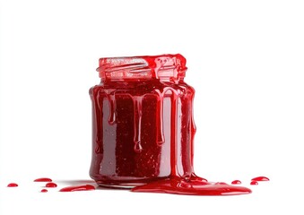 A glass jar of red jam, overflowing and dripping