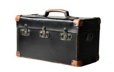 Black leather suitcase isolated on white background, png