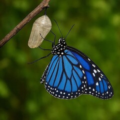The butterfly is emerging from the cocoon, unfolding its wings.