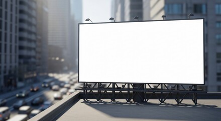 Large blank white billboard on urban rooftop overlooking blurred city traffic and buildings.