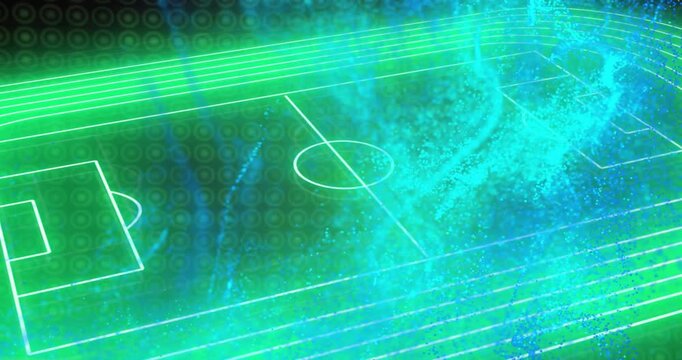 Drifting blue particles initiating neon pitch and track outlining while camera orbiting blueprint