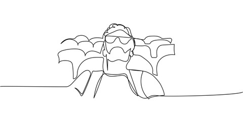 Minimalist linear outline of a man with 3D glasses sitting in cinema, simple black and white drawing of movie enjoyment