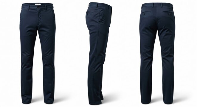 Navy Blue Chino Pants Front Side and Back Views.