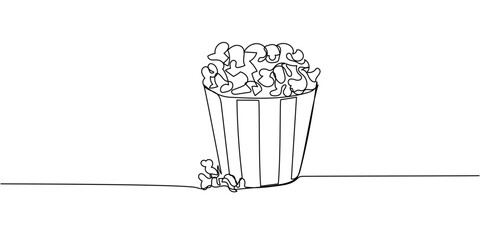 Minimalist black outline of a bucket of popcorn, clean linear cinema snack icon for movies, fun, and entertainment