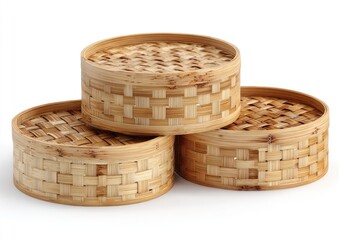 Three circular, woven bamboo steamer baskets stacked