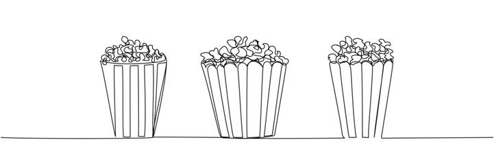 Three buckets of popcorn in line art, minimalist black outline of cinema snack in various shapes and sizes