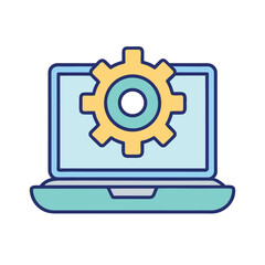 Laptop with gear icon — technology and settings vector design on white background