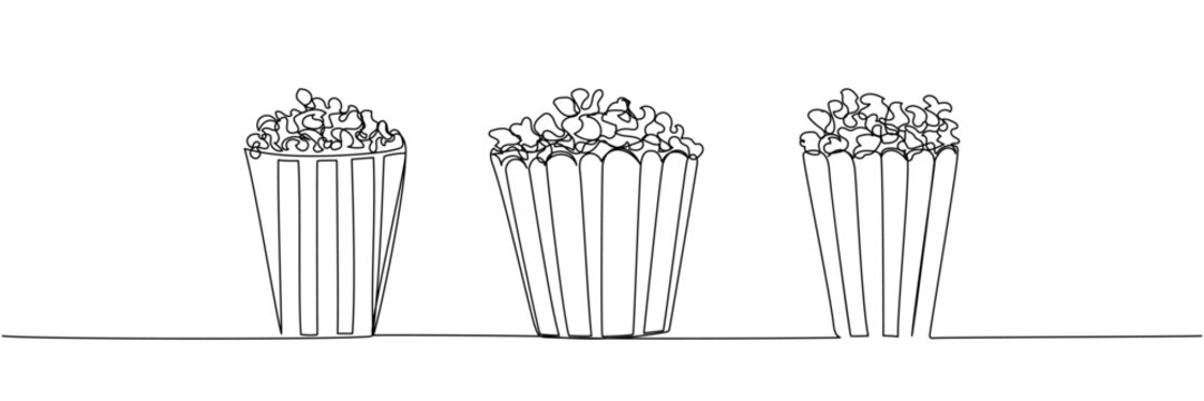 Three buckets of popcorn in line art, minimalist black outline of cinema snack in various shapes and sizes