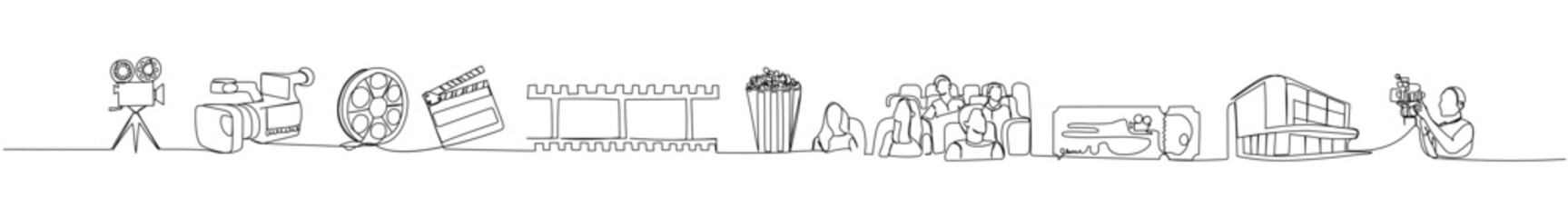 Continuous line art of cameras, film, popcorn, clapperboard, and moviegoers cinematic journey in outline