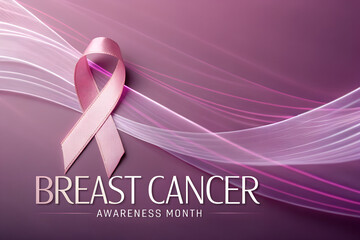 Elegant Pink Ribbon for Breast Cancer Awareness Month with "BREAST CANCER AWARENESS MONTH" Text on a Wavy Pink and Purple Background generative ai
