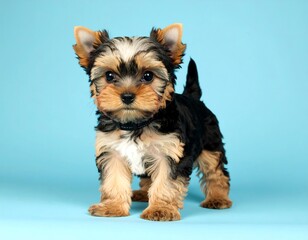 Adorable Yorkie puppy on blue background