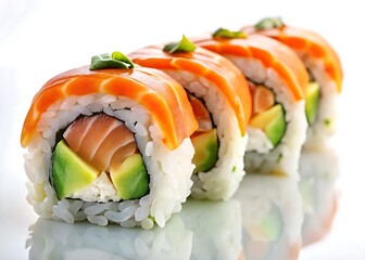 Premium salmon and avocado sushi roll presented on a bright white backdrop
